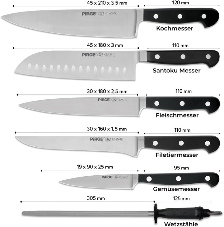 Pirge Classic Profi Messerset mit Tasche 7 Stück - Geschmiedet Messerset - Profi Kochmesser Set - Ed