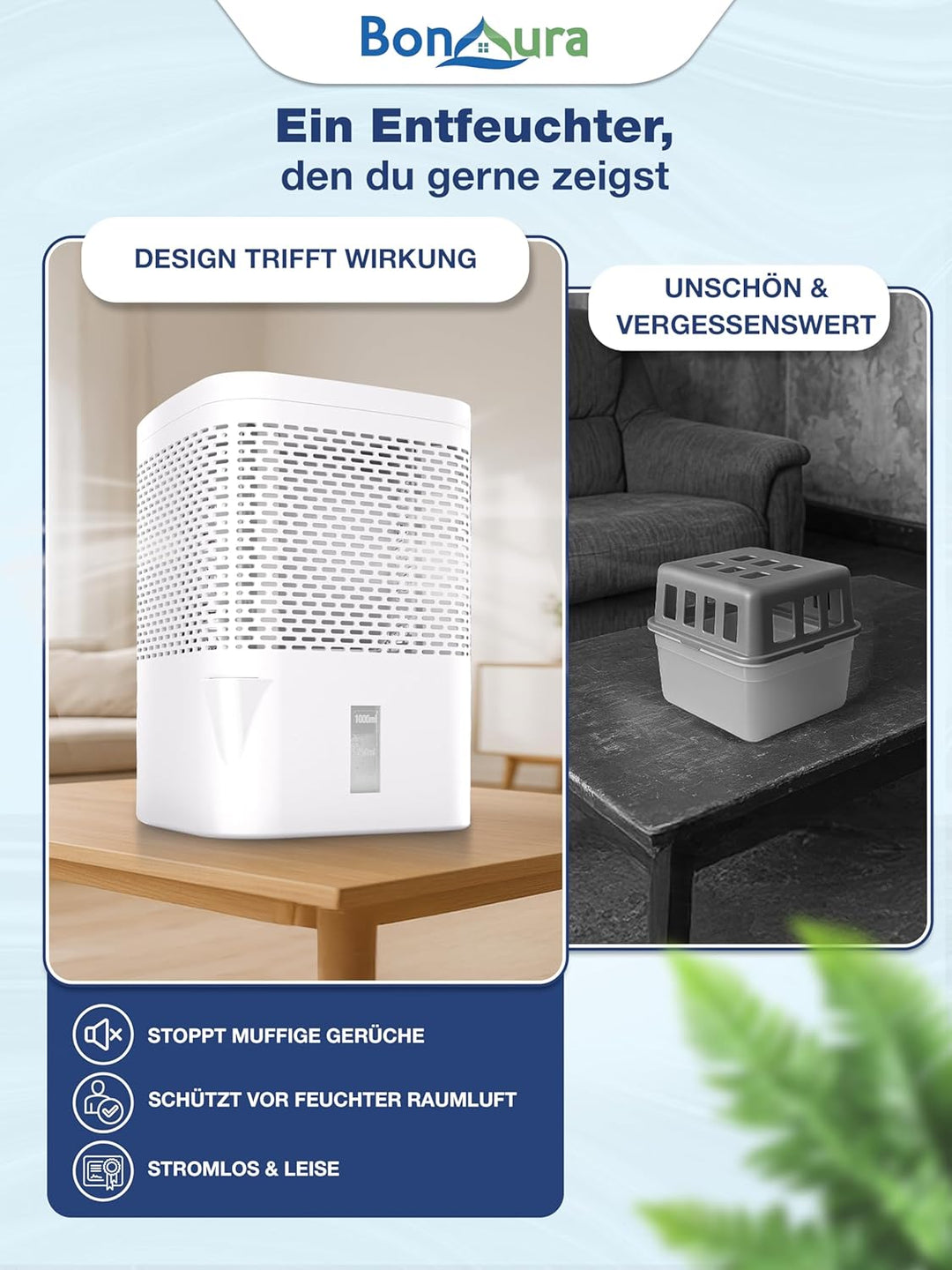 BonAura® AirOne Luftentfeuchter ohne Strom bis 23m² I 360° Belüftung I Raumentfeuchter mit Ausgiesse