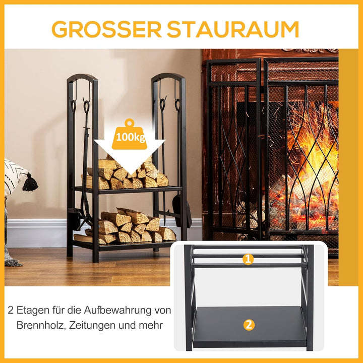 Outsunny Kaminholzständer Brennholzregal Feuerholzablage 2 Schichte Kaminwerkzeug Schwarz 40x30x74,5
