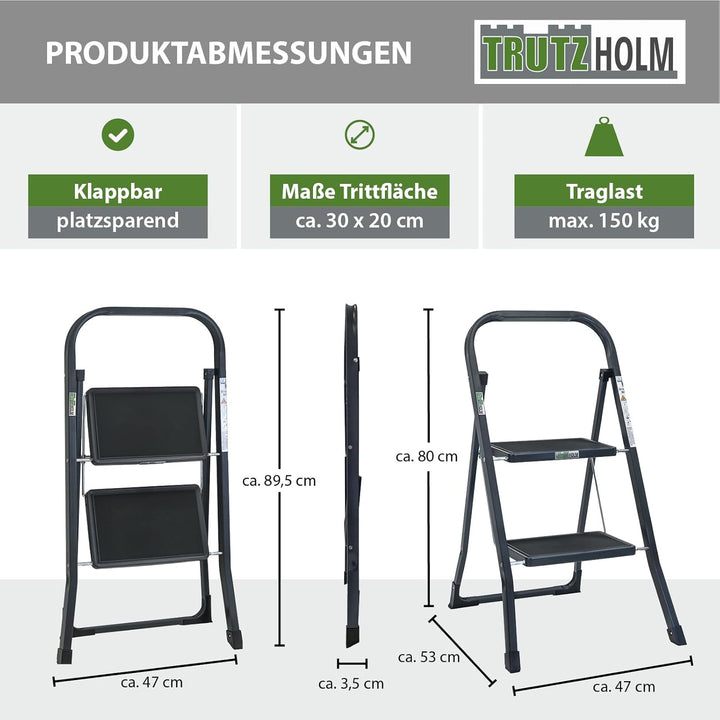 TRUTZHOLM Trittleiter 2 oder 3 Stufen klappbar TÜV/GS Zertifiziert 150 kg Klappleiter Anti-Rutsch Tr