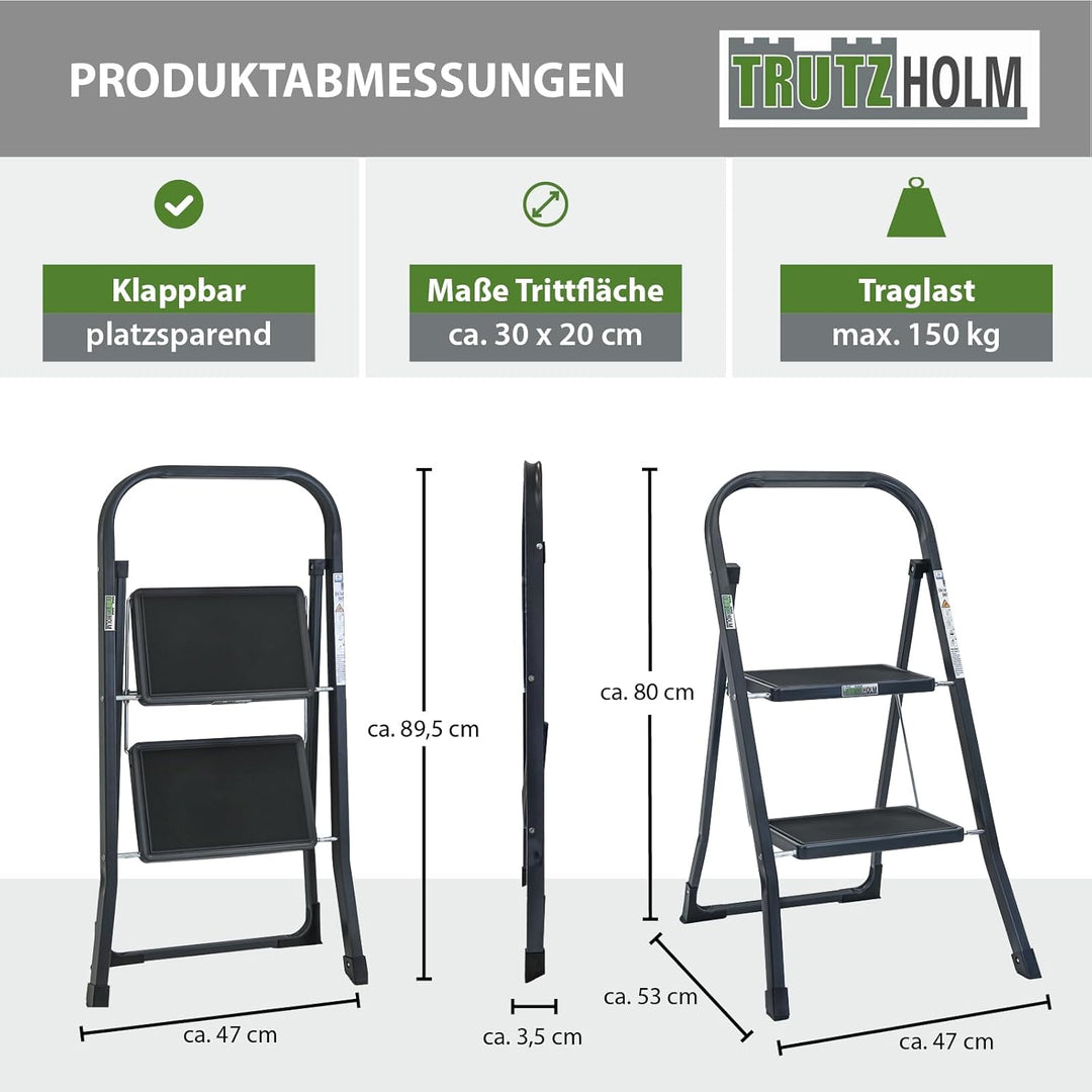 TRUTZHOLM Trittleiter 2 oder 3 Stufen klappbar TÜV/GS Zertifiziert 150 kg Klappleiter Anti-Rutsch Tr