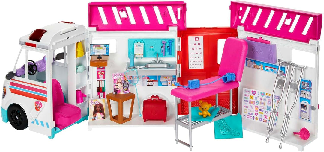 Barbie 2-in-1-Krankenwagen Spielset, Rettungswagen mit Lichtern und Geräuschen, umwandelbar in Pfleg
