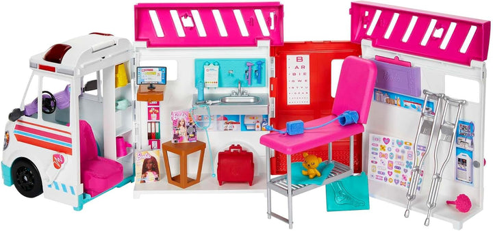 Barbie 2-in-1-Krankenwagen Spielset, Rettungswagen mit Lichtern und Geräuschen, umwandelbar in Pfleg