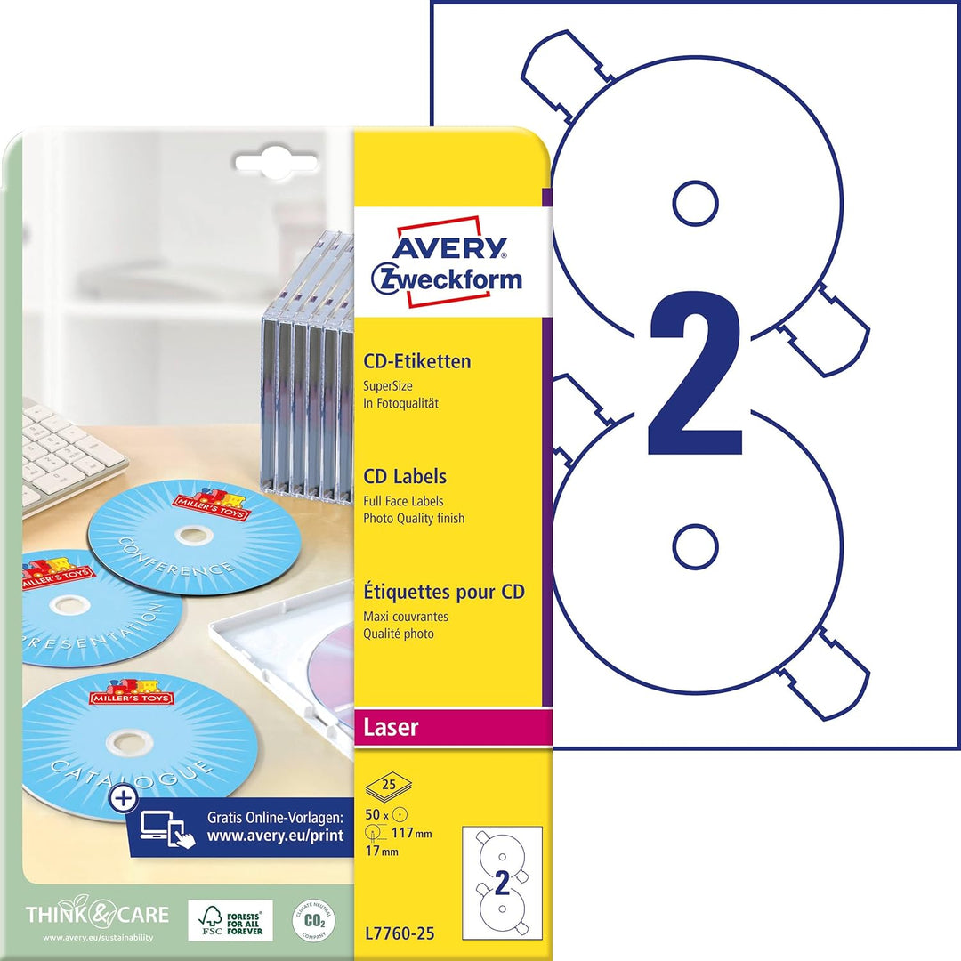 AVERY Zweckform L7760-25 selbstklebende CD-Etiketten (50 blickdichte CD-Aufkleber, Ø 117mm auf A4, S