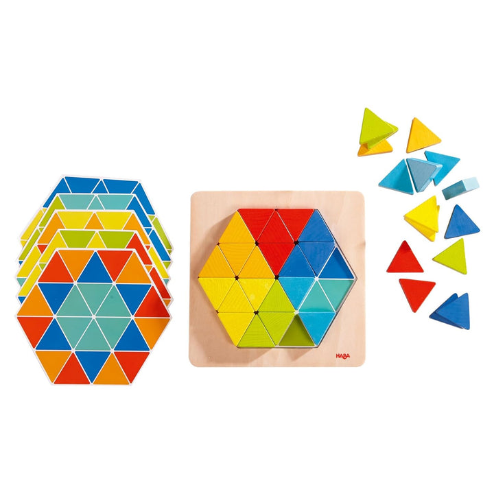 HABA 301703 - Legespiel Zauberdreiecke, Mit 36 Dreicken und 6 doppelseitig bedruckten Vorlagenblätte