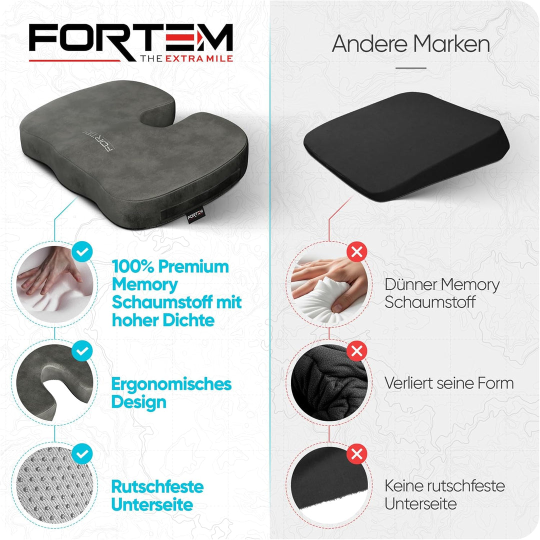 FORTEM XL Autositzkissen, Memory-Schaum-Kissen für Büro Computersessel & Lindert Schmerzen an Steiss