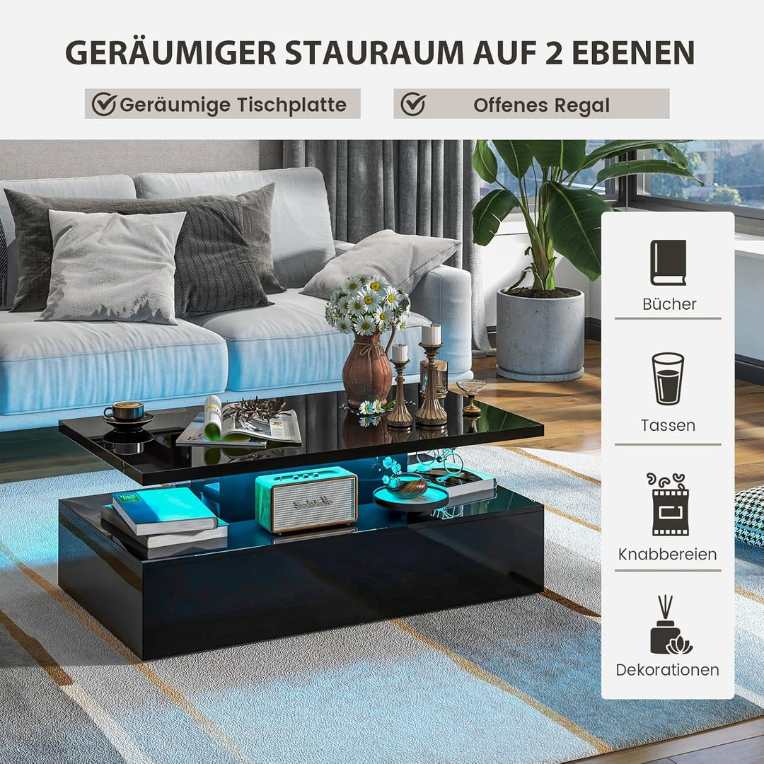 COSTWAY LED-Couchtisch Hochglanz, Wohnzimmertisch mit einstellbaren Lichtfarben & Helligkeit, Fernbe