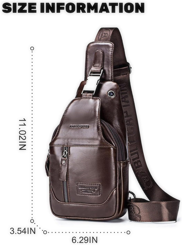 LOONGYOON Herrenbrusttasche aus Leder Umhängetasche mit Kopfhöreröffnung Studie über Sportreisen Mul