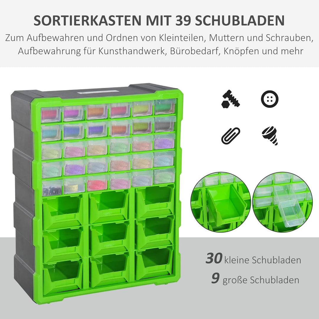 DURHAND Sortierkasten Kleinteilemagazin Teile Box Aufbewahrungsbox 39 Fächer Grün L38 x B16 x H47,5