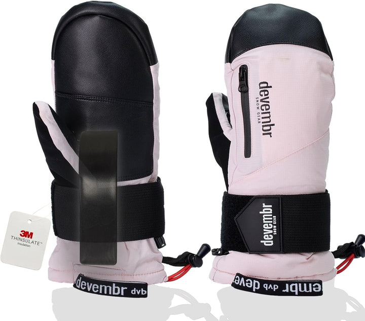 devembr Ski-Fäustlinge mit Handgelenkschützern, Warme Snowboard-Fäustlinge, Wasserdicht (S/M/L) Hell