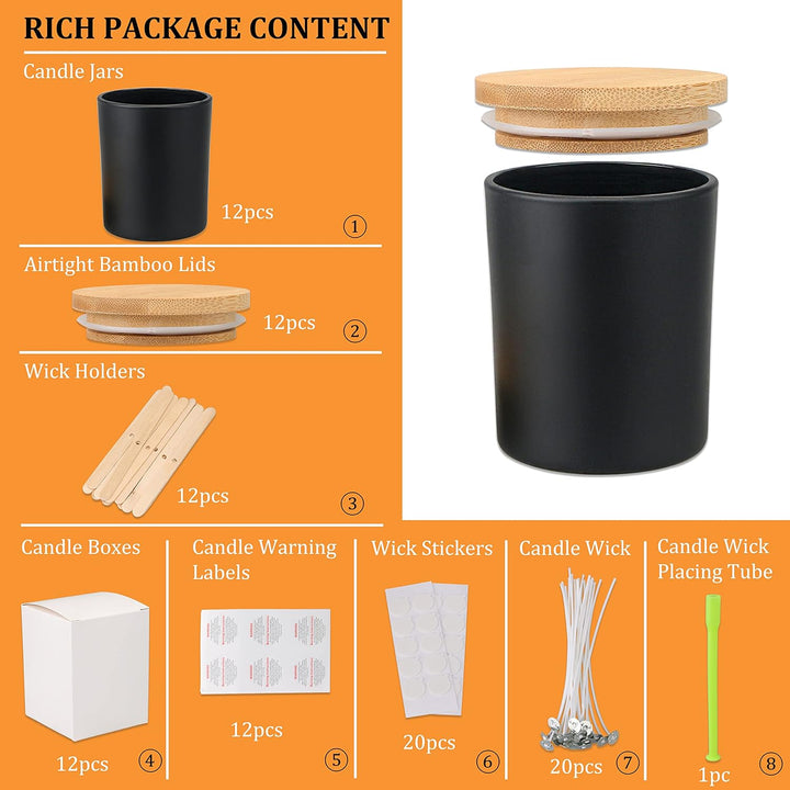 MILIVIXAY Mattierte schwarze Kerzengläser aus Glas mit Deckeln und Kerzenherstellungs-Sets, leere Ke