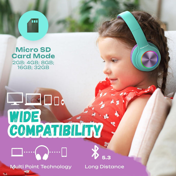 Kinderkopfhörer Bluetooth, PowerLocus Kinder Kopfhörer Kabellos mit LED-Leuchten 74/85/94dB Lautstär