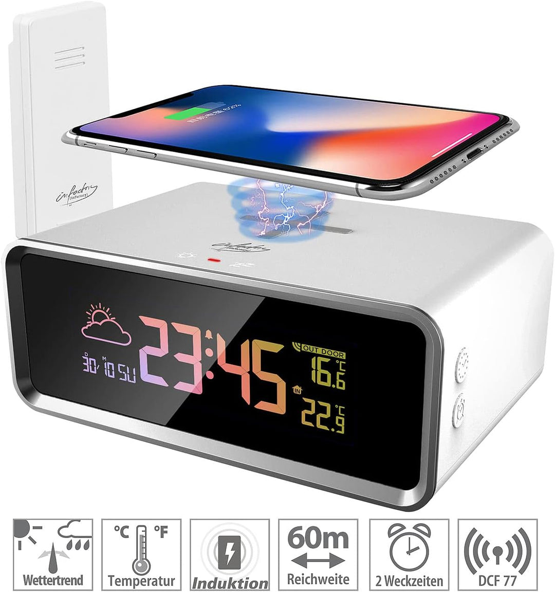 infactory Handy Ladestation: Funk-Wetterstation, Qi-kompatibles Ladegerät & Wecker, Sensor, 10 W (In