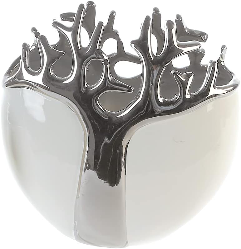 GILDE - Vase Tree - Keramik - weiss mit silbernem Baumdesign - Dekovase - Höhe 21 cm