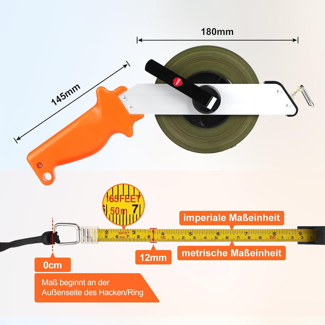 EFUTURETIME Massband 50m, Millimeter Stahlbandmass, Hohe Präzision Rollbandmass aus Stahl, Massband