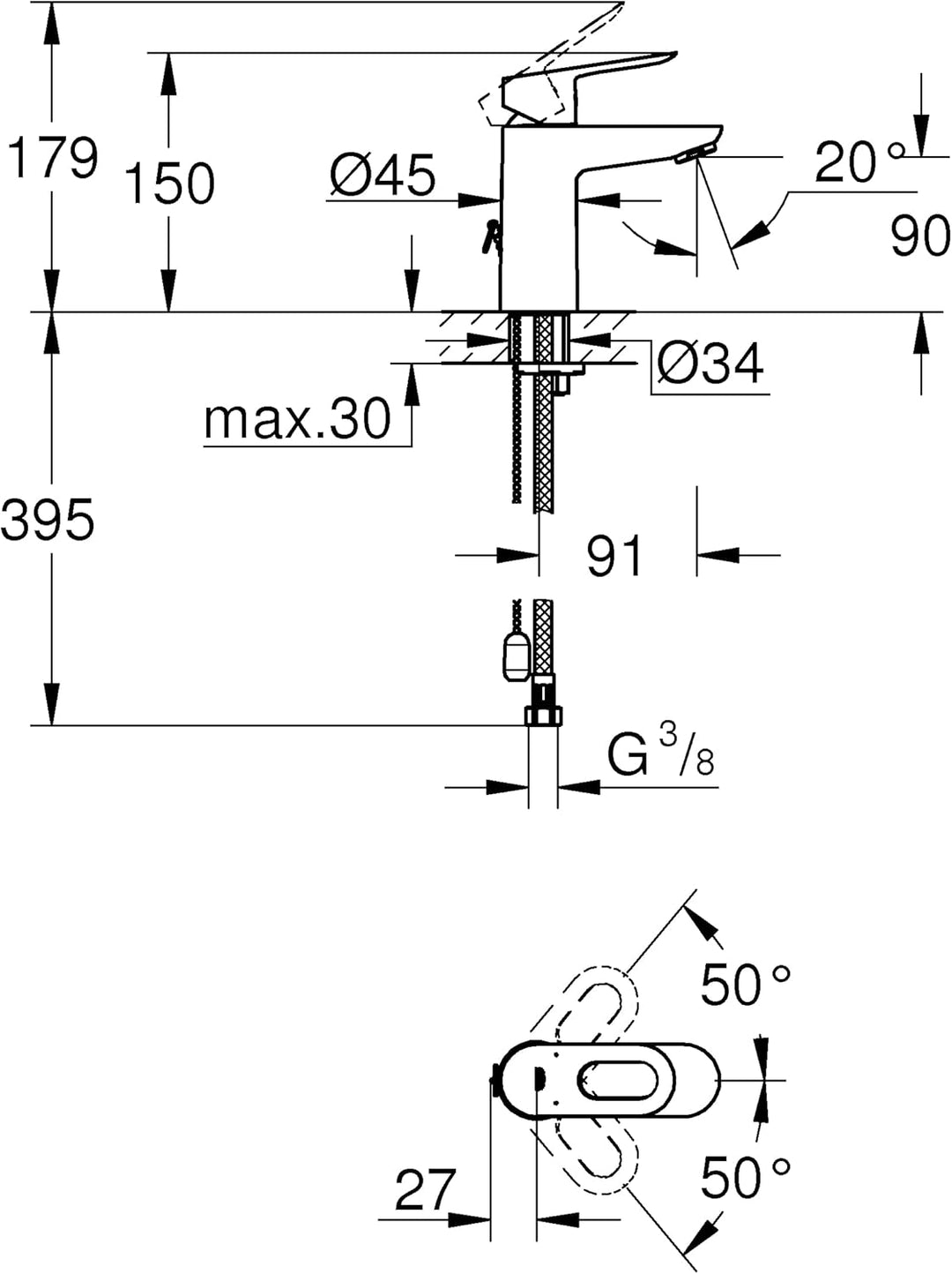 Grohe Bauloop Waschtischarmatur, S-Size, versenkbare Kette, 23336000