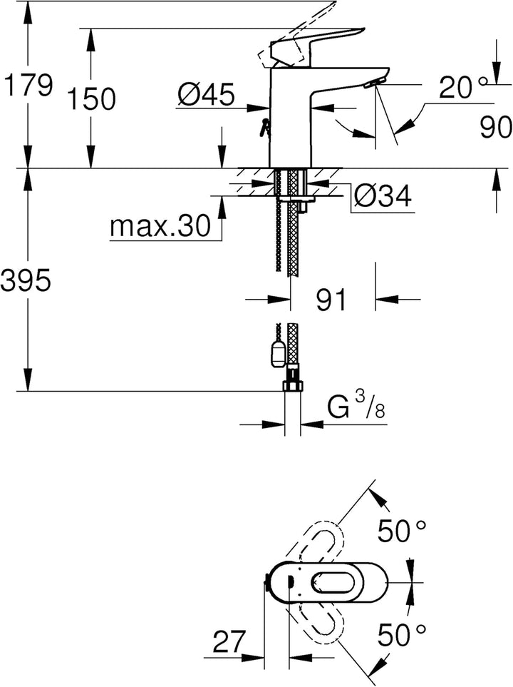 Grohe Bauloop Waschtischarmatur, S-Size, versenkbare Kette, 23336000