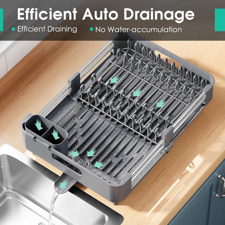 Kingrack Erweiterbares Abtropfgestell, Faltbares Edelstahl Geschirrabtropfgestell mit Abnehmbarem Be