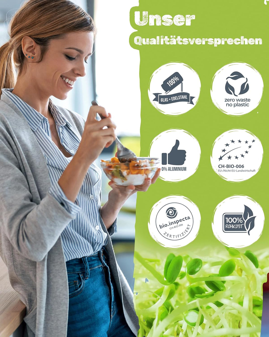 biosprosser Sprossenglas Set mit Starterpaket - Fitness-Mix 250g & Power-Mix 250g - Keimglas für Spr