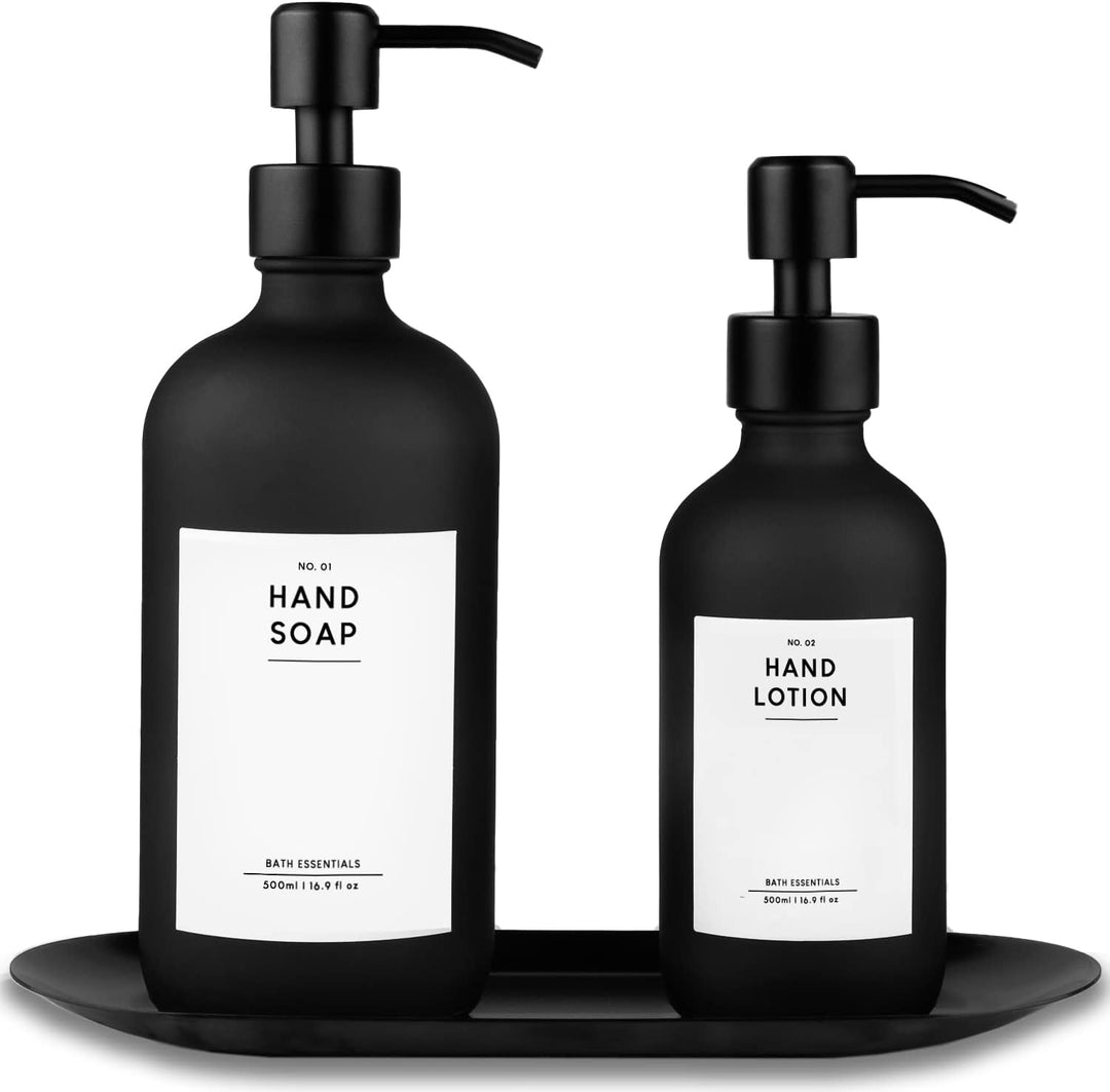 MONOKO 2er Set Seifenspender Schwarz Matt aus Glas mit Tablett | 500/250ml Spülmittelspender Küche |