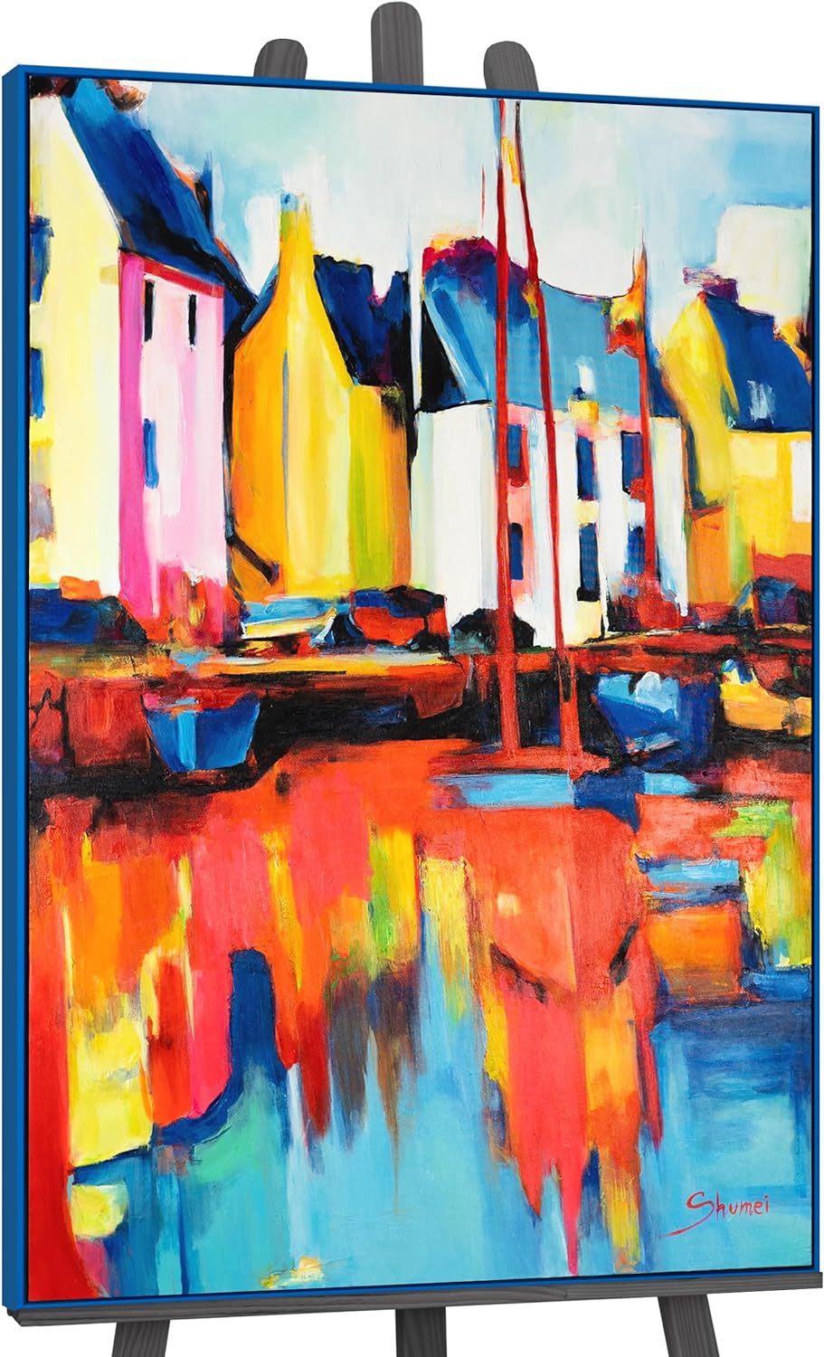 YS-Art Abstrakt Design Acryl Gemälde auf Leinwand Yachten und Hafen handgemalt Wandbilder Wohnzimmer