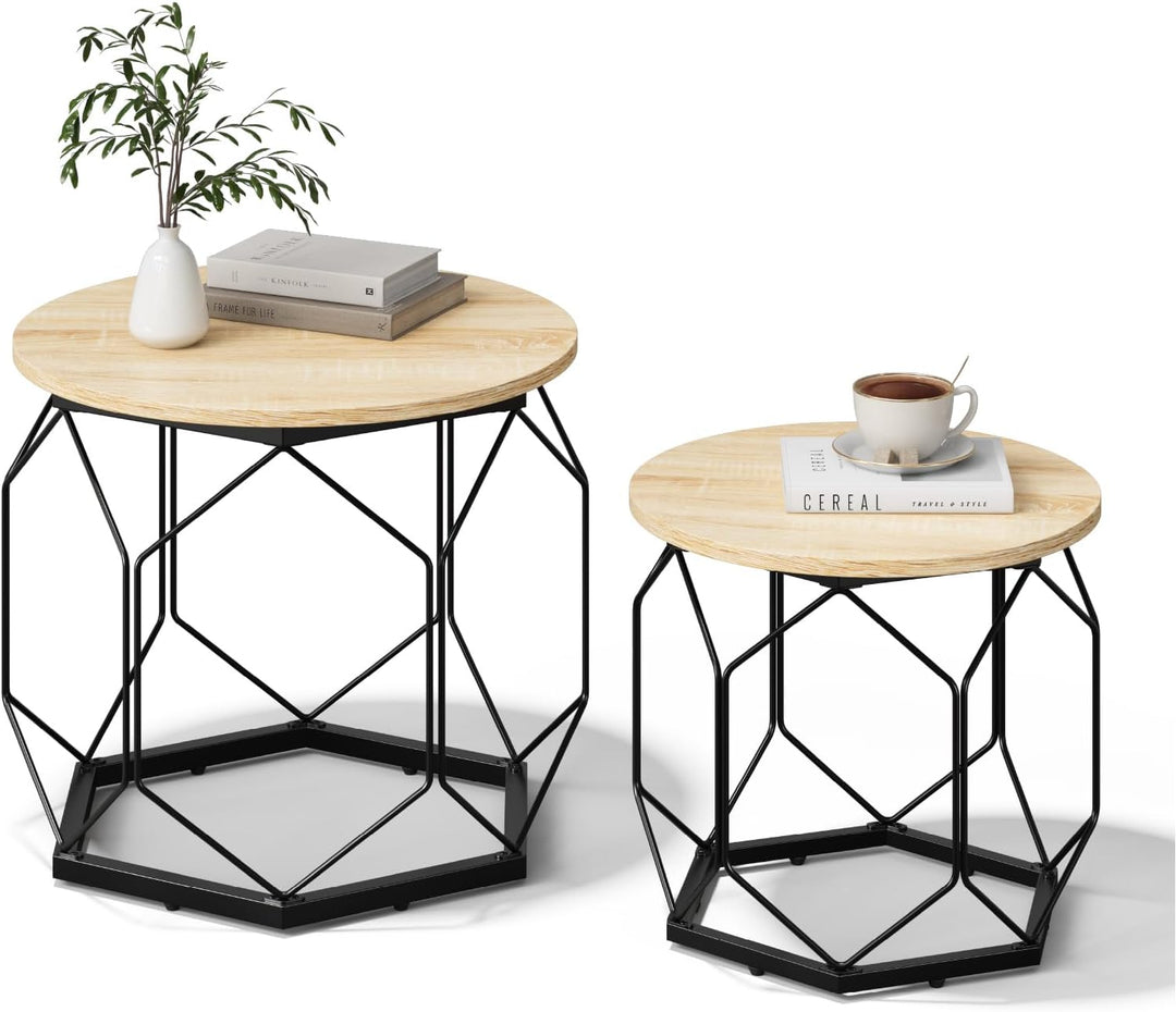 WOLTU Couchtisch 2er Set, Beistelltisch mit runder Tischplatte, Sofatisch mit hohlem Metallrahmen, W
