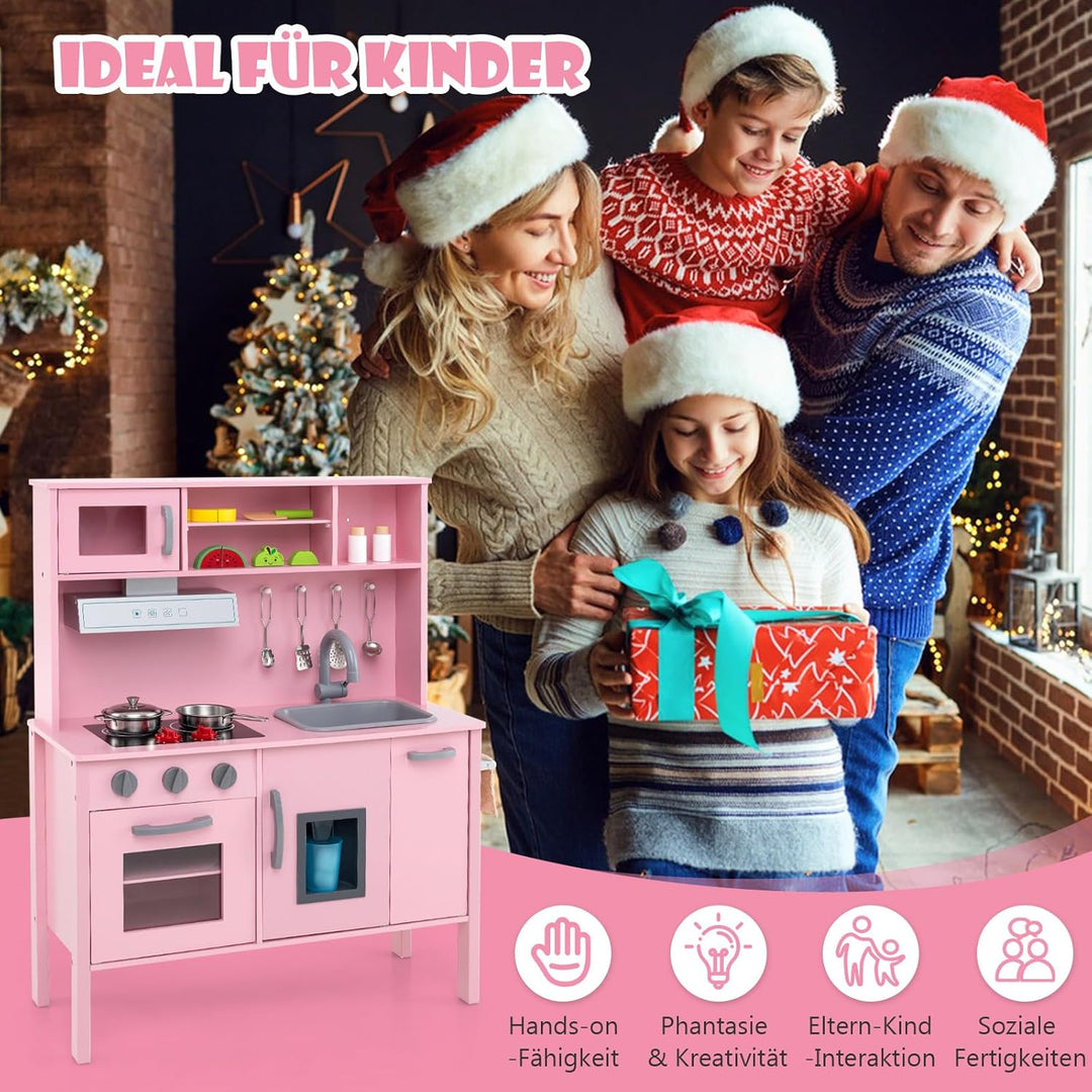 COSTWAY Kinderküche Spielküche inkl. 18 Zubehör, Kinder Küche Holz mit Spüle Mikrowelle Eismaschine