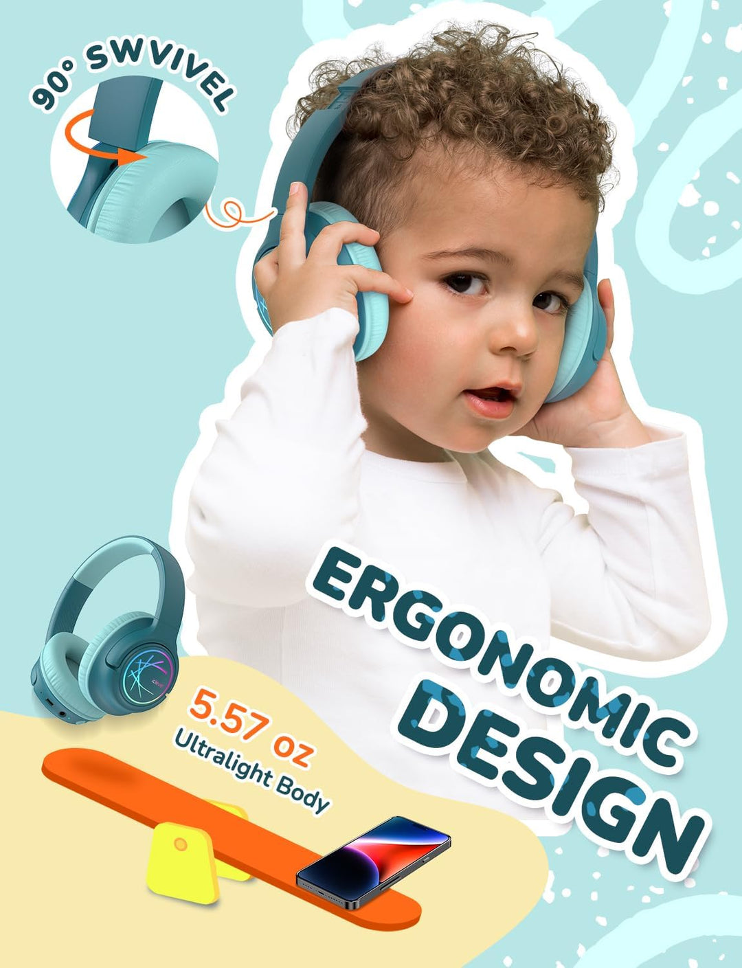 iClever Bluetooth kopfhörer Kinder mit LED-Leuchten, 74/85dBA Lautstärkebegrenzung, 43 Stunden Spiel