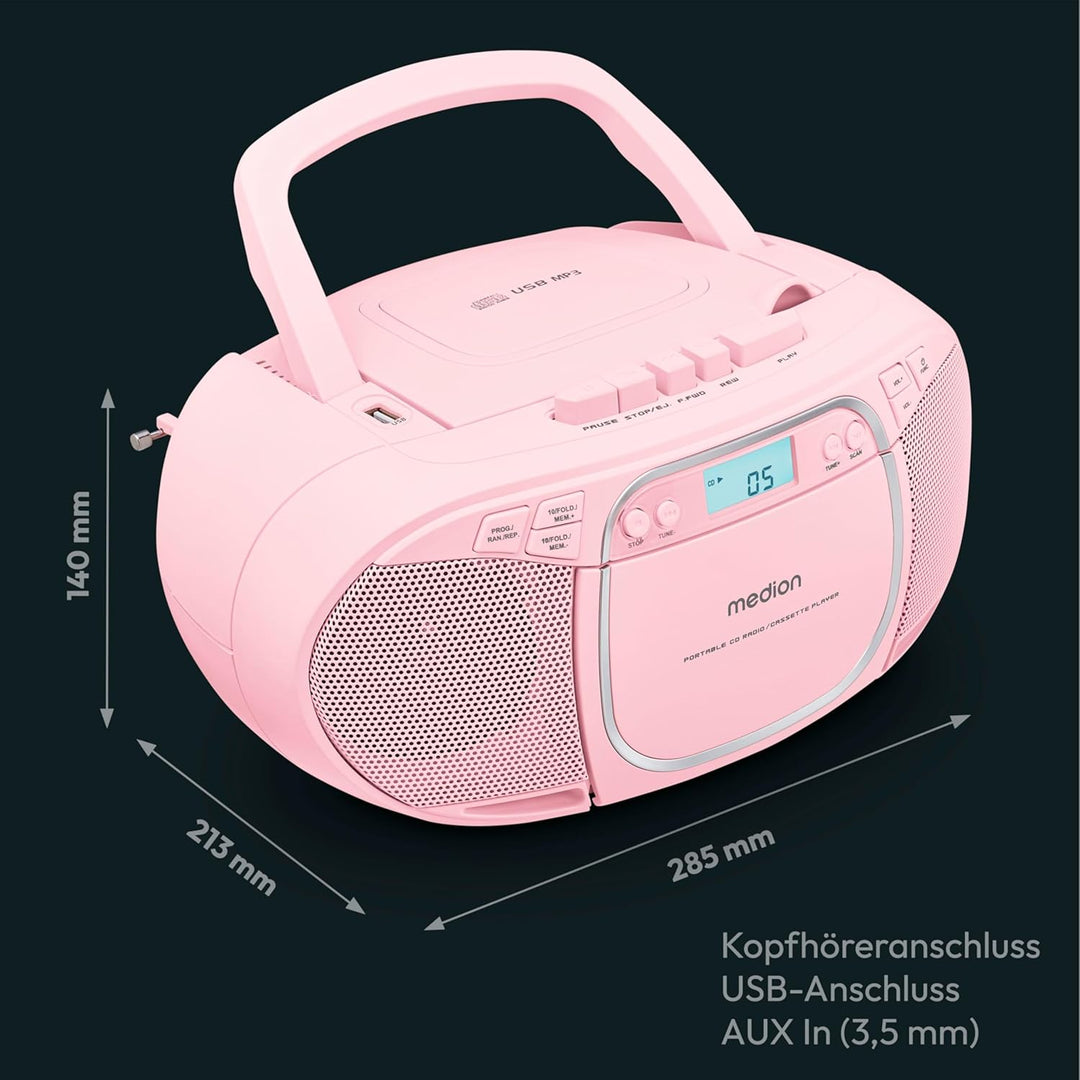 MEDION E66476 Stereo Sound System (Boombox, CD-Player, MP3, Kassette, tragbarer Kassettenspieler für