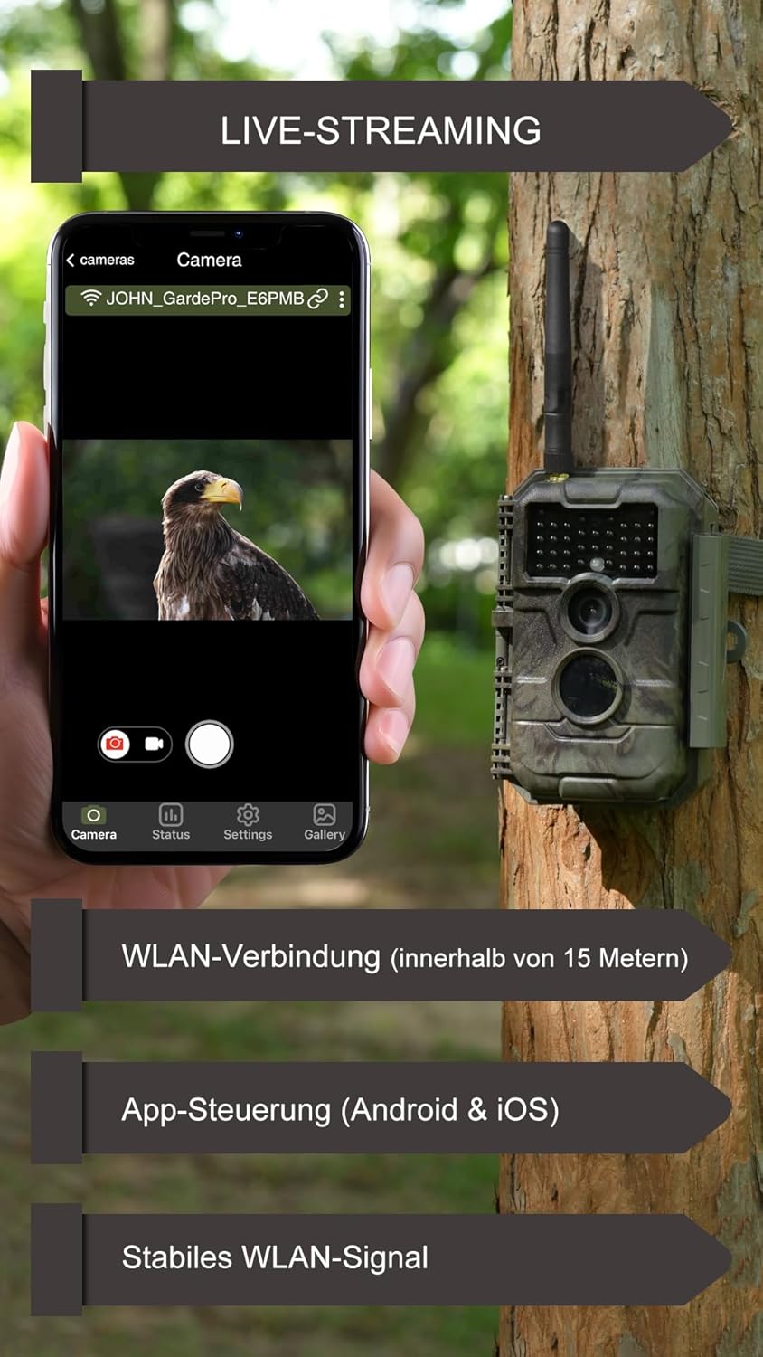 GardePro E6P Max Wildkamera WLAN, Wiederaufladbare 8000mAh Batterie, integrierte SD Karte, 64MP 1296