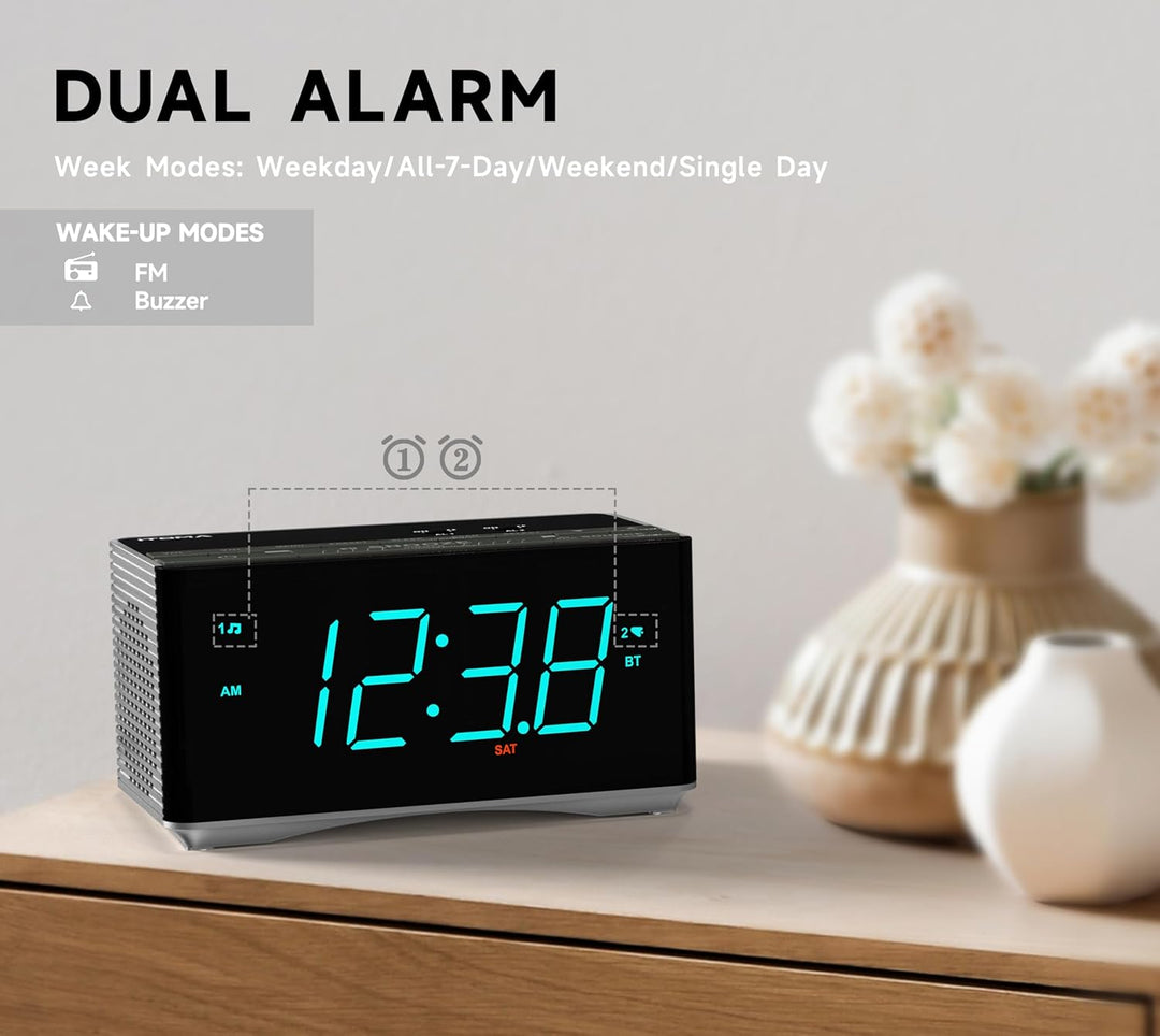 iTOMA Radiowecker,Bluetooth Stereo Lautsprecher, FM Radio, Dual Wecker, Snooze, Helligkeitsdimmer, U