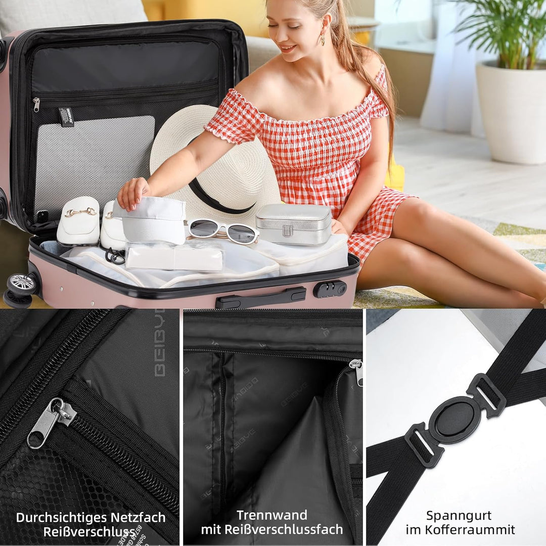 BEIBYE Zwillingsrollen 2066 Hartschale Trolley Koffer Reisekoffer Gepäck M-L-XL-Set (Rosa Gold, M) R