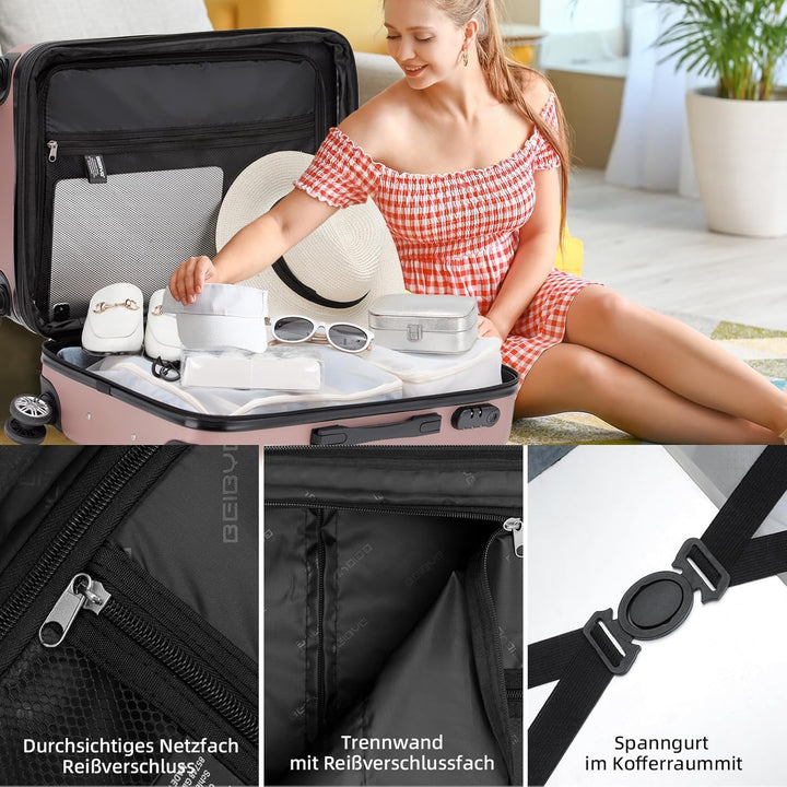 BEIBYE Zwillingsrollen 2066 Hartschale Trolley Koffer Reisekoffer Gepäck M-L-XL-Set (Rosa Gold, XL)