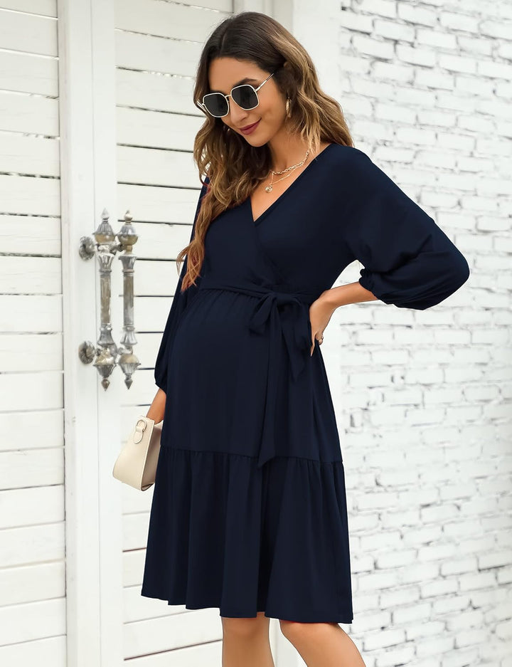 KOJOOIN Damen Umstandskleid V-Ausschnitt 3/4 Ärmel Stillkleid Rüschen Schwangerschafts Kleider mit G