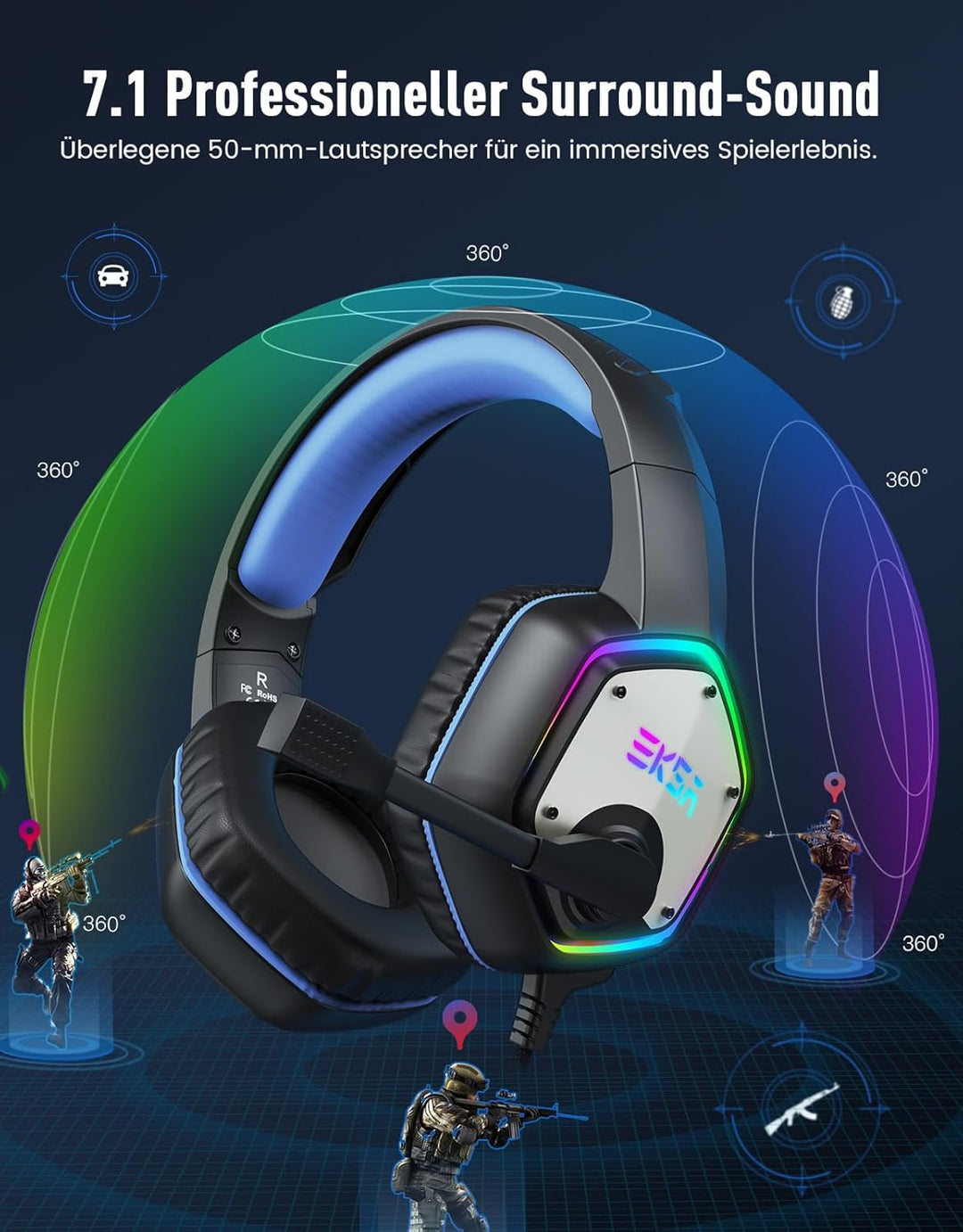 EKSA Headset USB mit Mikrofon, PC Headset Blau, 7.1 Surround-Sound für Exakte Feindortung im Spiel,