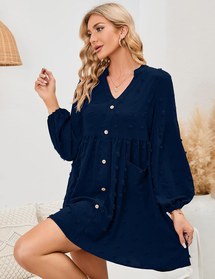 KOJOOIN Damen Tunika Kleid Langarm Swing Kleid kurz V-Ausschnitt Knopfleiste Blusenkleid Swiss Dot C