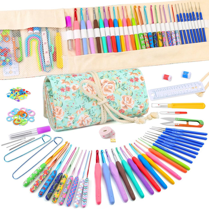106 Stücke Häkelnadeln Set mit Aufbewahrungstasche, Weiche Griff Crochet Hooks Set, Ton Häkelnadeln,