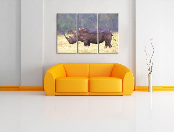 grosses Nashorn in der Savanne NewArt 3-Teiler Leinwandbild 120x80 Bild auf Leinwand, XXL riesige Bi