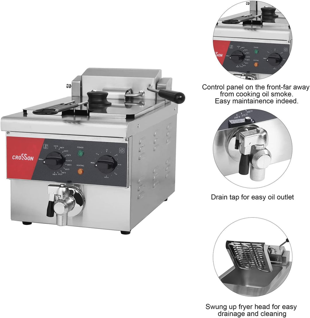 CROSSON 6L elektrische Arbeitsplattenfritteuse Extra gross mit Abfluss, Timer, Korb und Deckel für d