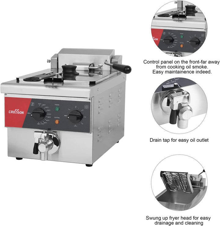 CROSSON 6L elektrische Arbeitsplattenfritteuse Extra gross mit Abfluss, Timer, Korb und Deckel für d