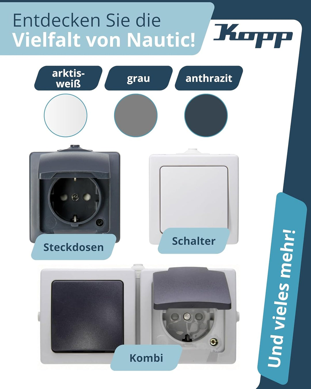Kopp Nautic Spar-Paket grau: 2X Aus-Wechsel-Schalter + 3X 1-Fach Klappdeckel-Steckdose + 1x 2-Fach K