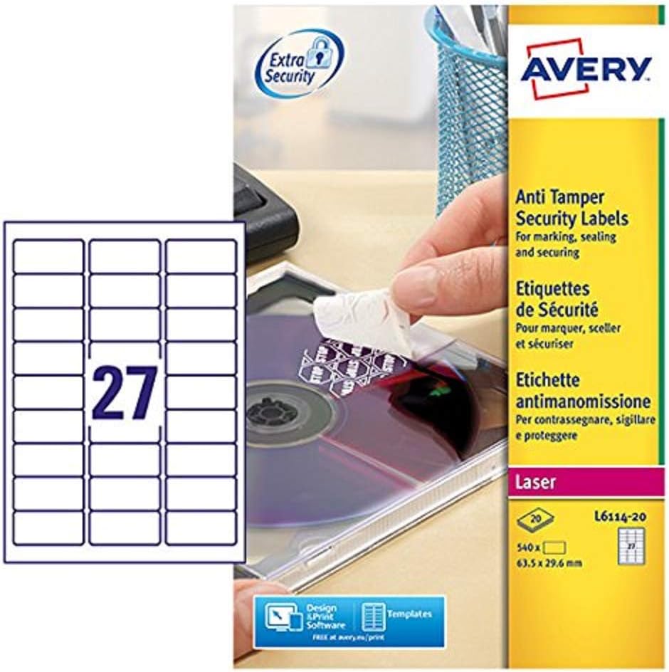 AVERY Zweckform Siegeletiketten Laser 27TV 63,5x29,6mm - Ref L6114-20 (540 Etiketten) 63.5 x 29.6, 6