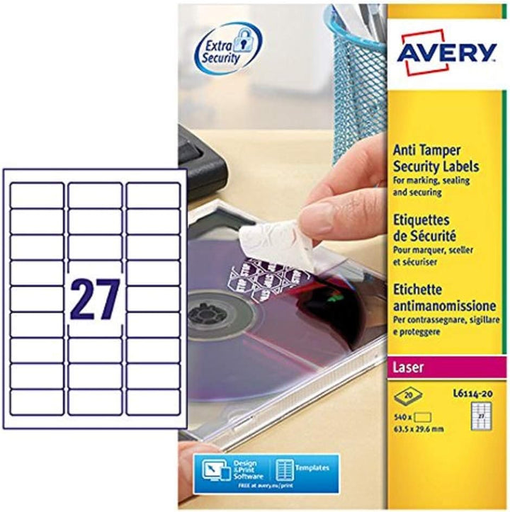 AVERY Zweckform Siegeletiketten Laser 27TV 63,5x29,6mm - Ref L6114-20 (540 Etiketten) 63.5 x 29.6, 6