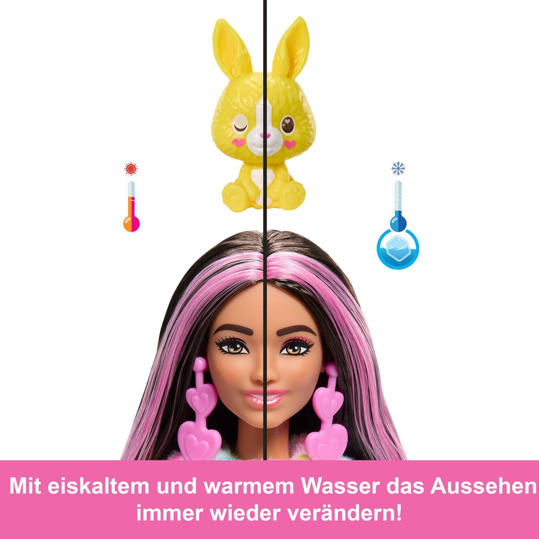 Barbie Cutie Reveal Puppe und Accessoires, Batik-Häschen-Plüschkostüm und 10 Überraschungen mit Farb