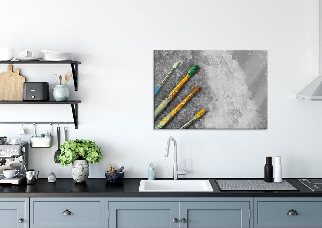 Glasbild | Wandbild aus Echtglas | Gelber Pinsel & Bild | 100x70 cm | inkl. Aufhängung und Abstandsh