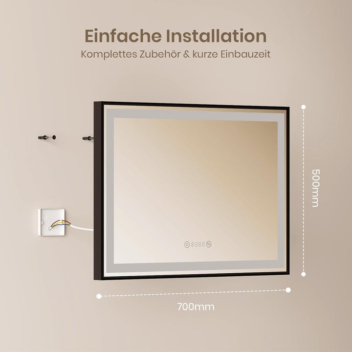 EMKE Badspiegel mit Beleuchtung 70x50cm Badspiegel Schwarzer Rand LED Badezimmerspiegel mit Touch, A