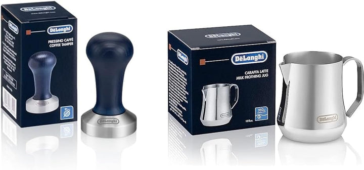 De'Longhi DLSC058 Kaffee-Tamper aus Edelstahl mit Holzgriff, blau/silber & Milchkännchen DLSC060, 35