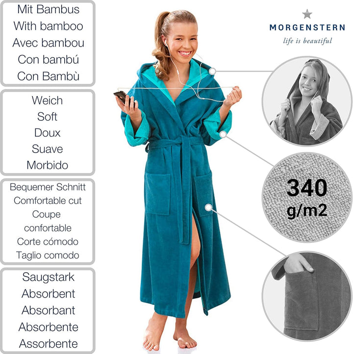 Morgenstern Bademantel Kinder Teenager Mädchen Jungen Frottee Velours Kapuze 134-140 Petrol, 134-140