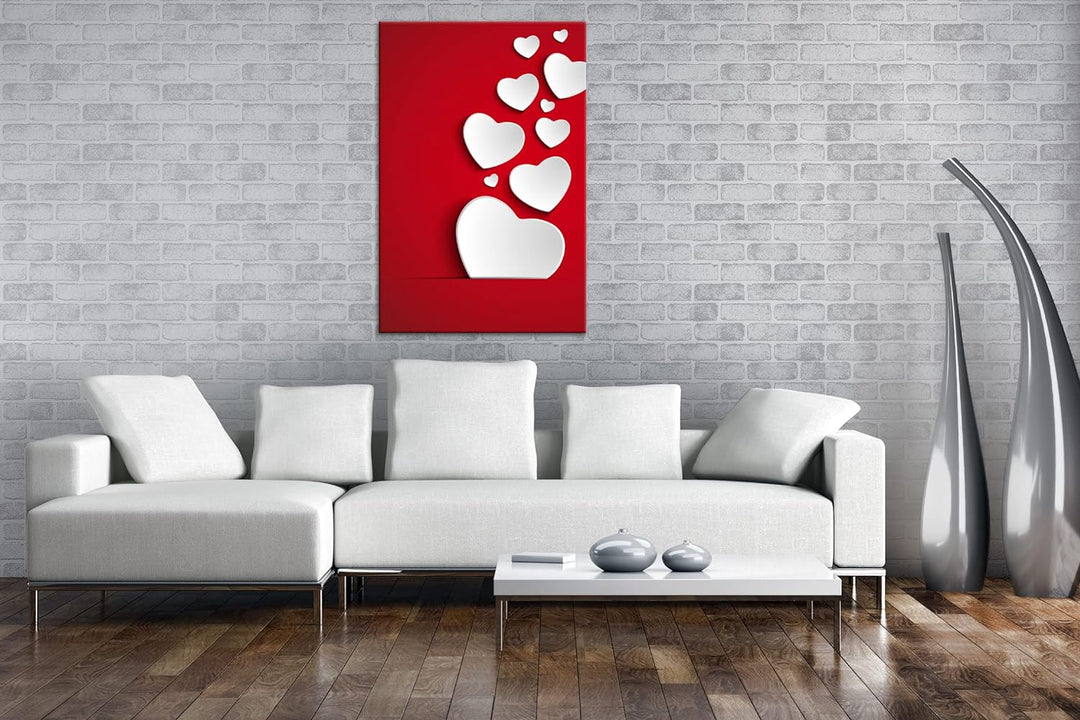 deyoli rubinrote Karte mit weissen Herzen im Format: 80x60 als Leinwandbild, Motiv fertig gerahmt au