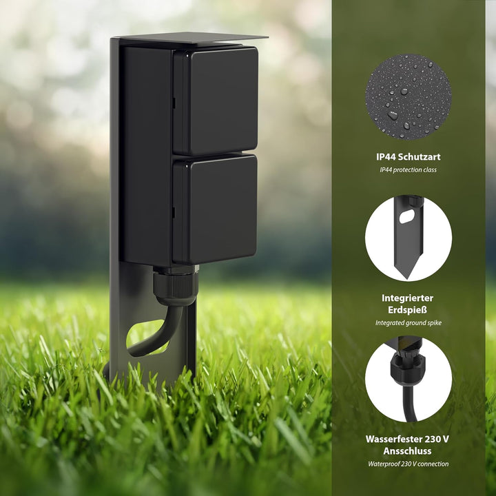 ledscom.de Garten Steckdosensäule PIWI mit Erdspiess für aussen, IP44, 2-Fach, Edelstahl, Kunststoff